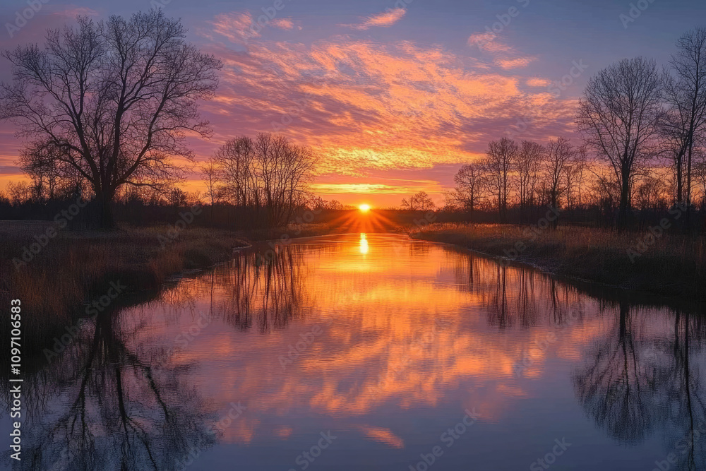 Obraz premium Serene Sunset Reflection on Calm Water