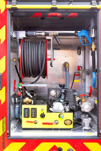 Obraz na płótnie Essential firefighting equipment showcases power and precision in emergency response w salonie