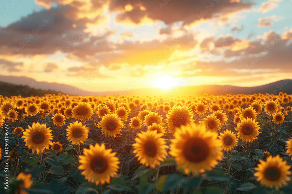 Obraz premium Sun Setting Over a Sunflower Field