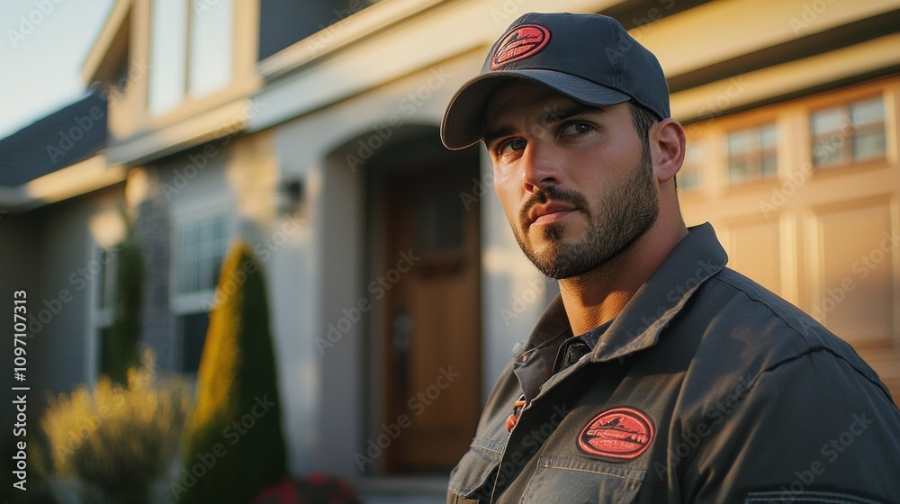 A man in a cap and jacket stands in front of a house, looking thoughtfully into the distance. A man in a cap and jacket stands in front of a house, looking thoughtfully into the distance.