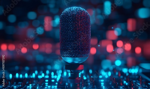 A microphone with an animated waveform effect on a blue backdrop photo