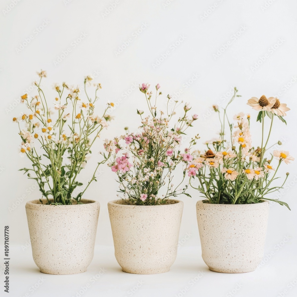 Beautiful flower arrangement in neutral pots with delicate blooms displayed indoors Beautiful flower arrangement in neutral pots with delicate blooms displayed indoors