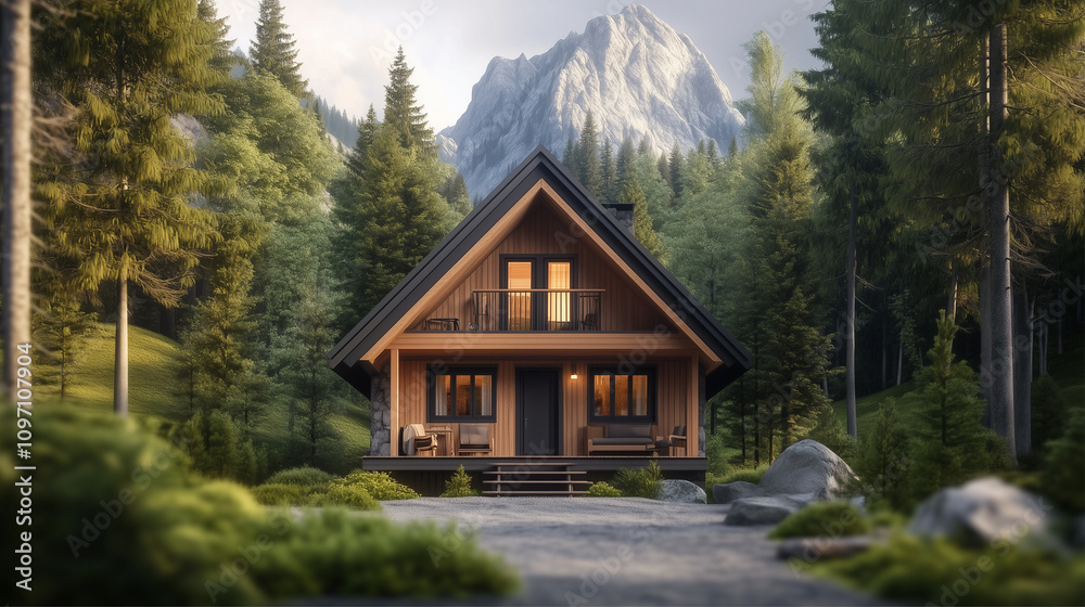 A picturesque cabin surrounded by lush trees and majestic mountains. A picturesque cabin surrounded by lush trees and majestic mountains.