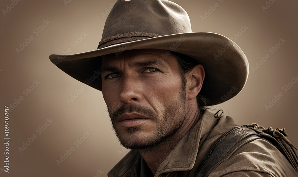 Detailed portrait of a cowboy in traditional clothing against a sunset background. Detailed portrait of a cowboy in traditional clothing against a sunset background.