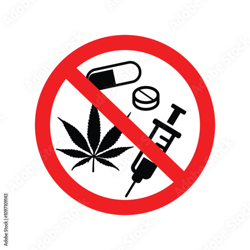classic simple no drugs drug use prohibited symbol in red white circle vector isolated on transparent background
