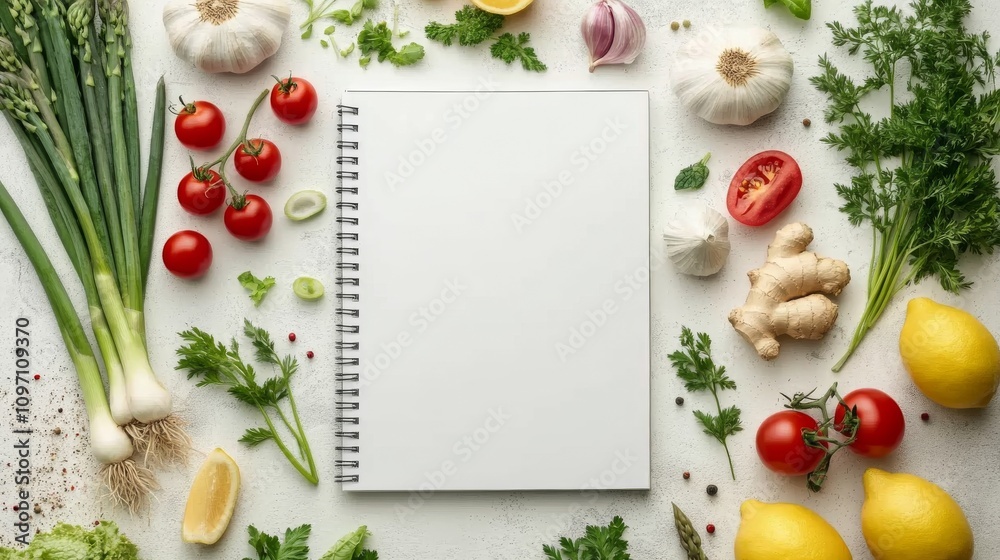 Fresh ingredients and a blank notebook for meal planning surrounded by vegetables and herbs