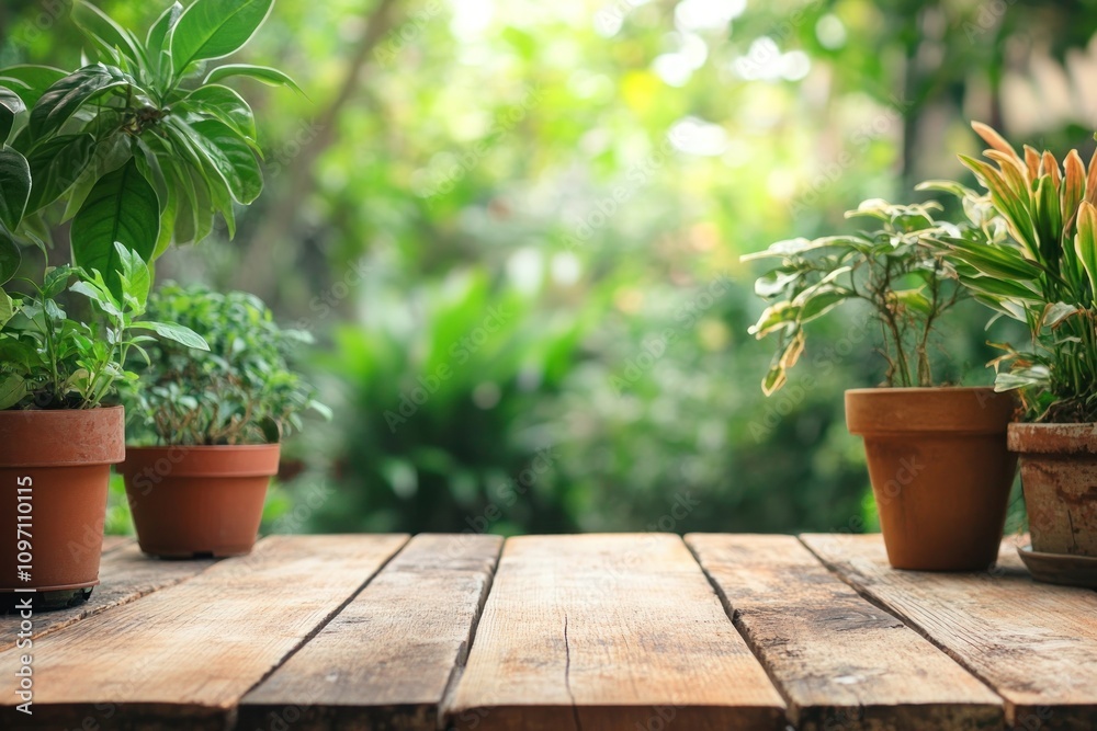 A serene garden scene with potted plants on a wooden table, surrounded by greenery. A serene garden scene with potted plants on a wooden table, surrounded by greenery.