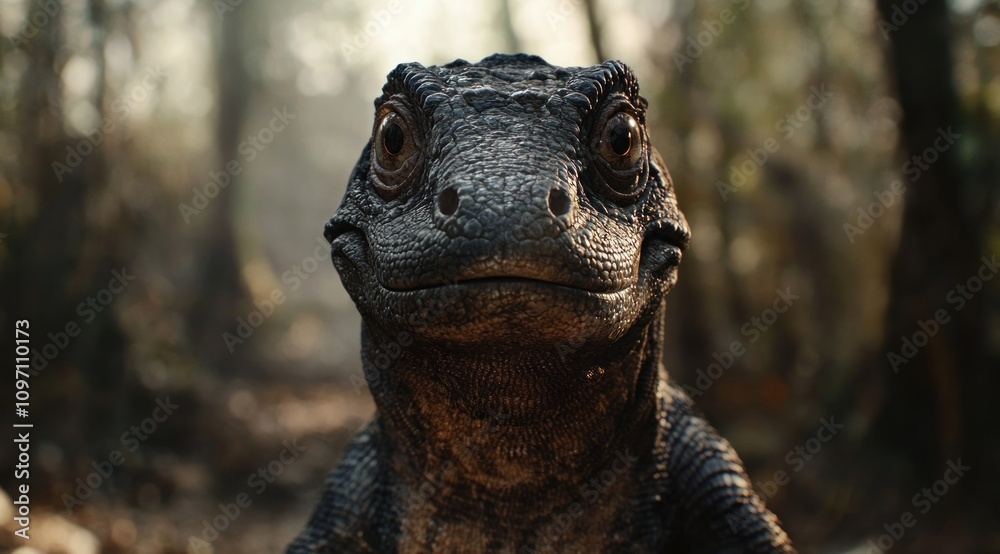 A close-up of a dinosaur-like creature in a forest setting. A close-up of a dinosaur-like creature in a forest setting.
