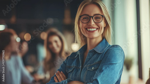 business woman in blue jeans shirt standing in an office smiling into the camera with arms crossed