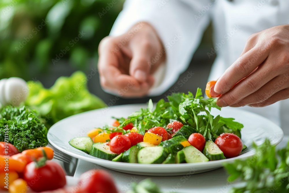 Creating a fresh and vibrant salad with colorful vegetables in a kitchen setting Creating a fresh and vibrant salad with colorful vegetables in a kitchen setting