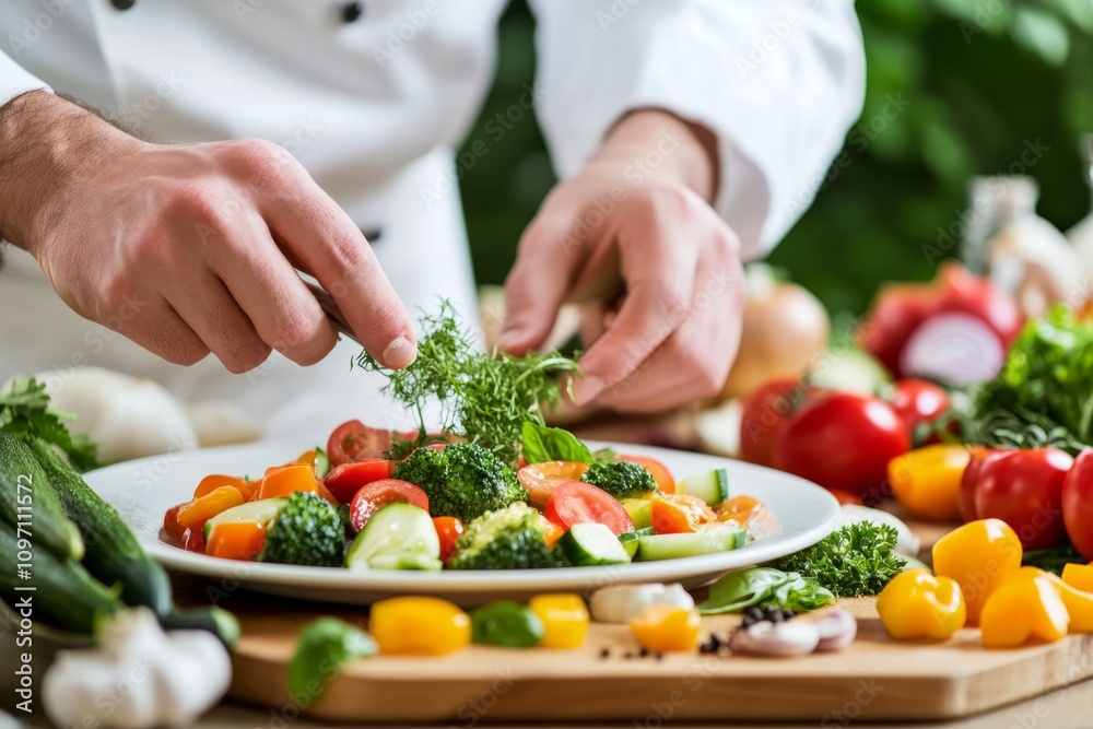 Creating a fresh and vibrant salad with colorful vegetables in a kitchen setting Creating a fresh and vibrant salad with colorful vegetables in a kitchen setting