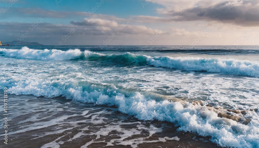 Majestic foamy waves rolling up gently along the ocean shore under a radiant sky, capturing the dynamic beauty and serenity of coastal scenery with natural textures and sparkling waters. Majestic foamy waves rolling up gently along the ocean shore under a radiant sky, capturing the dynamic beauty and serenity of coastal scenery with natural textures and sparkling waters.