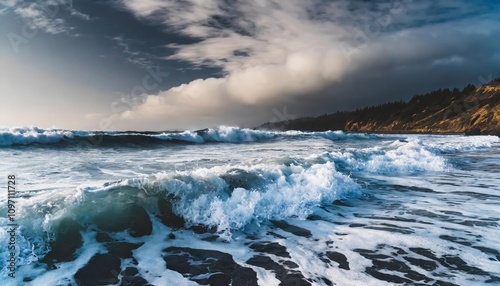 A mesmerizing view of foamy waves rolling gracefully onto the shore, capturing the tranquil beauty and dynamic energy of the oceans ebb and flow beneath a serene sky.