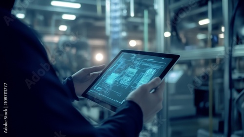 Digital Factory: A Close-up of a Tablet Displaying Industrial Blueprints