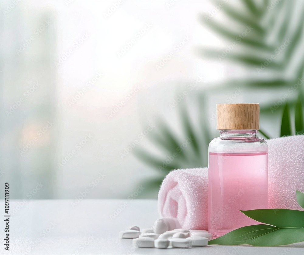 Relaxing spa setting with natural skincare products and amenities Relaxing spa setting with natural skincare products and amenities