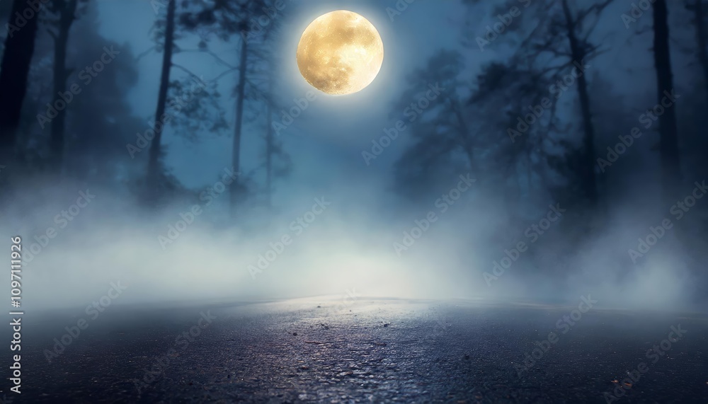 Eerie Foggy Forest Scene at Night with Moonlight Illuminating Asphalt Road - Mysterious Abstract Bokeh Creates Haunting Ambience for Atmospheric and Cinematic Visual Aesthetics Eerie Foggy Forest Scene at Night with Moonlight Illuminating Asphalt Road - Mysterious Abstract Bokeh Creates Haunting Ambience for Atmospheric and Cinematic Visual Aesthetics