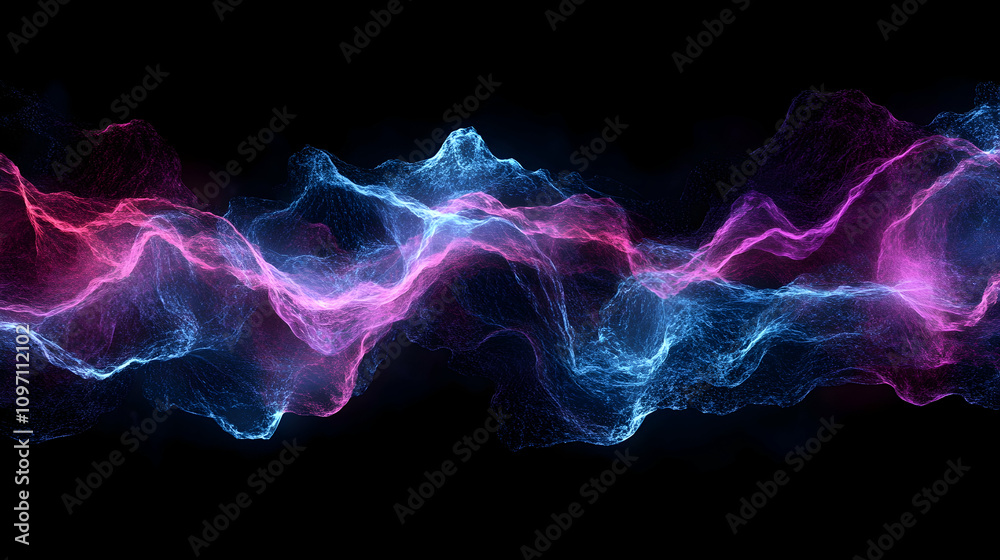 Fototapeta premium Abstract digital waves of luminescent blue and pink light on a dark background