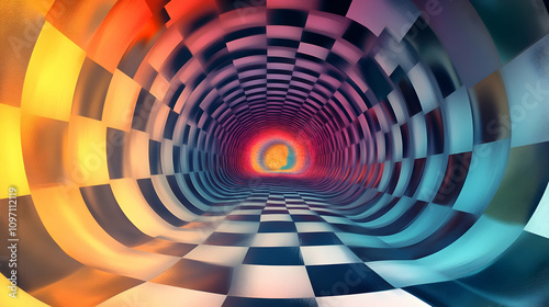 Abstract Checkerboard Tunnel with Gradient Colors.illustration