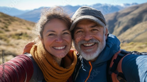 Happy Couple Hiking in the Mountains: A Smiling Portrait of Adventure and Travel