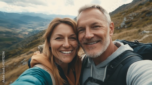 Smiling Couple on a Hiking Adventure in the Mountains