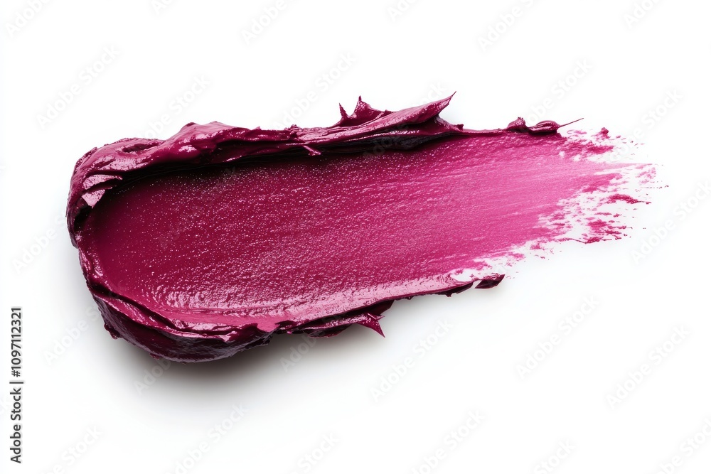 Fototapeta premium Rich magenta lipstick swatch with shimmering texture on white background