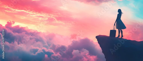 A silhouetted female figure in a flowing dress stands with a suitcase atop a dramatic cliff edge, set against a stunning pink and purple cloudscape at sunset. Generative AI.