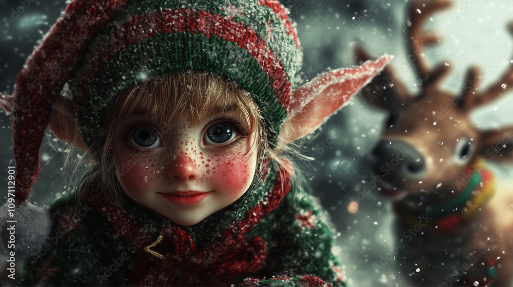 A joyful elf grinning with a reindeer in a snowy landscape. A joyful elf grinning with a reindeer in a snowy landscape.