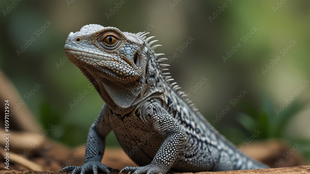 Close-up of a grey lizard with spiky scales, perched on the ground, looking to the side. Close-up of a grey lizard with spiky scales, perched on the ground, looking to the side.