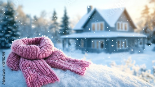 House with a knitted scarf in a snowy setting, illustrating the connection between home insulation and cold weather comfort. photo