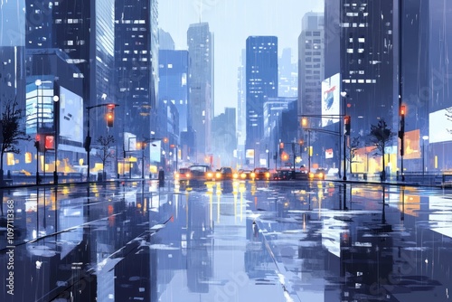 A rainy urban scene with glowing lights and reflections on the wet street, evoking a moody atmosphere.