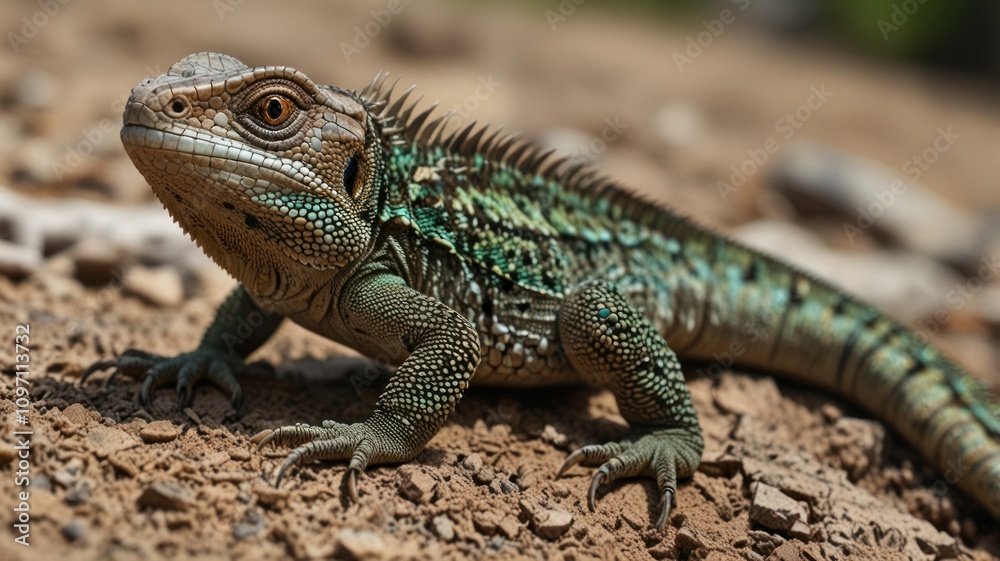 Close-up of a vibrant green lizard on dry ground, showcasing its detailed scales and alert expression. Close-up of a vibrant green lizard on dry ground, showcasing its detailed scales and alert expression.