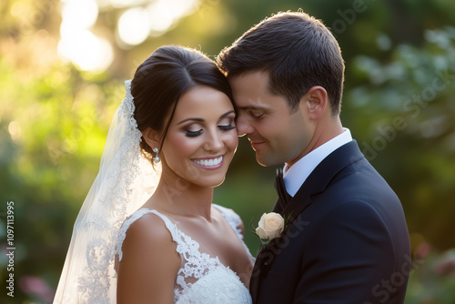 Elegant Wedding Portrait of a Smiling Bride with Professional Makeup and Groom in a Romantic Garden Setting, Bride in Lace Dress and Groom in Black Tuxedo