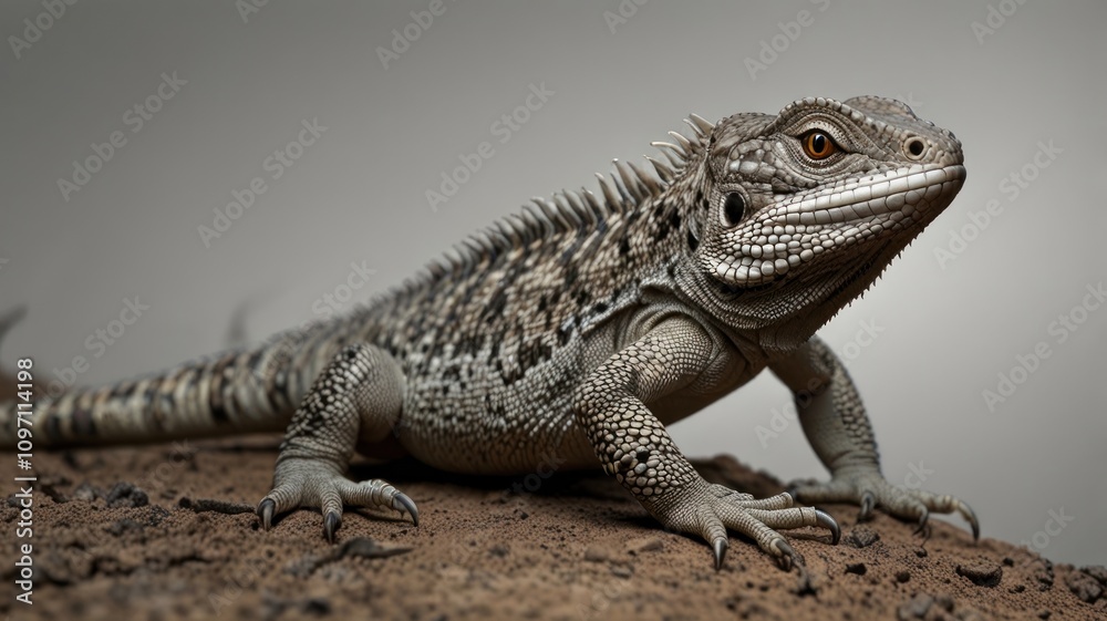 Obraz premium Close-up of a grey lizard on brown ground.