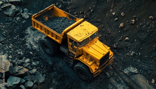 Aerial Drone View Of Big Yellow Coal Truck In Open Pit Mine Industry - Top-Down Perspective. Mining Operations Captured. photo