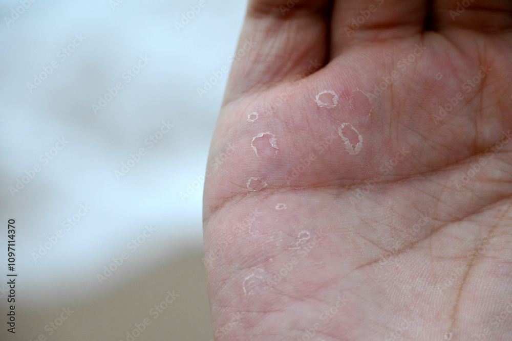 Close-up of a hand showing skin condition resembling small bubbles. Close-up of a hand showing skin condition resembling small bubbles.