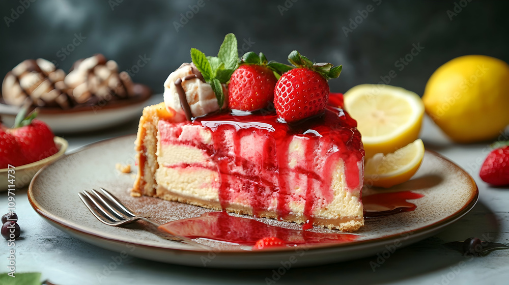 Delicious strawberry and custard cheesecake drizzled with strawberry syrup on a plate with ice cream, lemon, and a delectable tiramisu waffle all showcased beautifully in a copy space image Delicious strawberry and custard cheesecake drizzled with strawberry syrup on a plate with ice cream, lemon, and a delectable tiramisu waffle all showcased beautifully in a copy space image