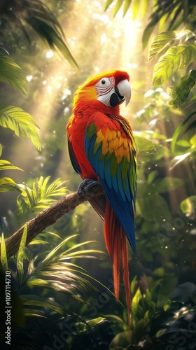 Wallpaper Mural Colorful macaw perched on a branch in a lush rainforest during bright sunlight Torontodigital.ca