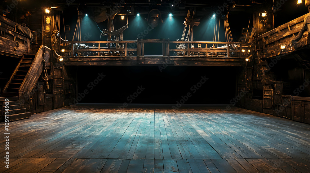 Obraz premium Empty pirate ship deck on a theater stage, evoking a nautical scene.illustration