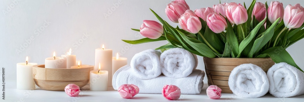 Relaxing spa setup with fresh flowers and towels in serene indoor environment Relaxing spa setup with fresh flowers and towels in serene indoor environment