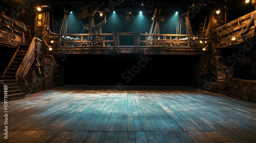 Empty pirate ship deck on a theater stage, evoking a nautical scene.illustration