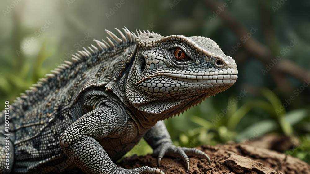 Close-up of a grey-blue lizard with orange eyes, perched on dark soil in a lush green environment. Close-up of a grey-blue lizard with orange eyes, perched on dark soil in a lush green environment.