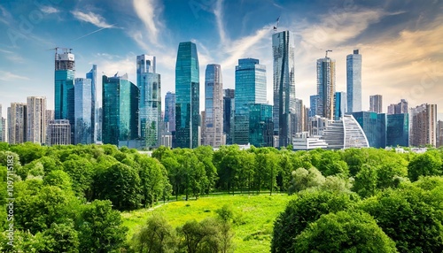 Innovative futuristic cityscape featuring towering skyscrapers harmoniously blended with lush green forests, representing sustainable urban living and modern architectural marvels in a photo