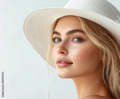 Young woman with a stylish hat posing gracefully in soft light photo