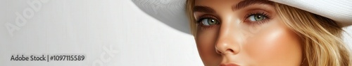 Young woman in sunhat poses with confident expression and radiant skin