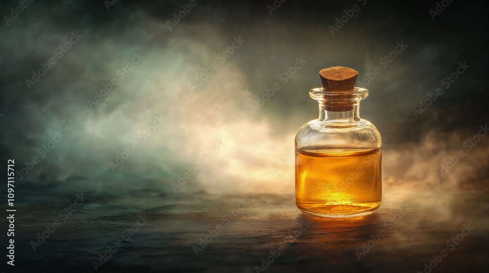 A bottle of aromatherapy essential oil on a table with smoke A bottle of aromatherapy essential oil on a table with smoke