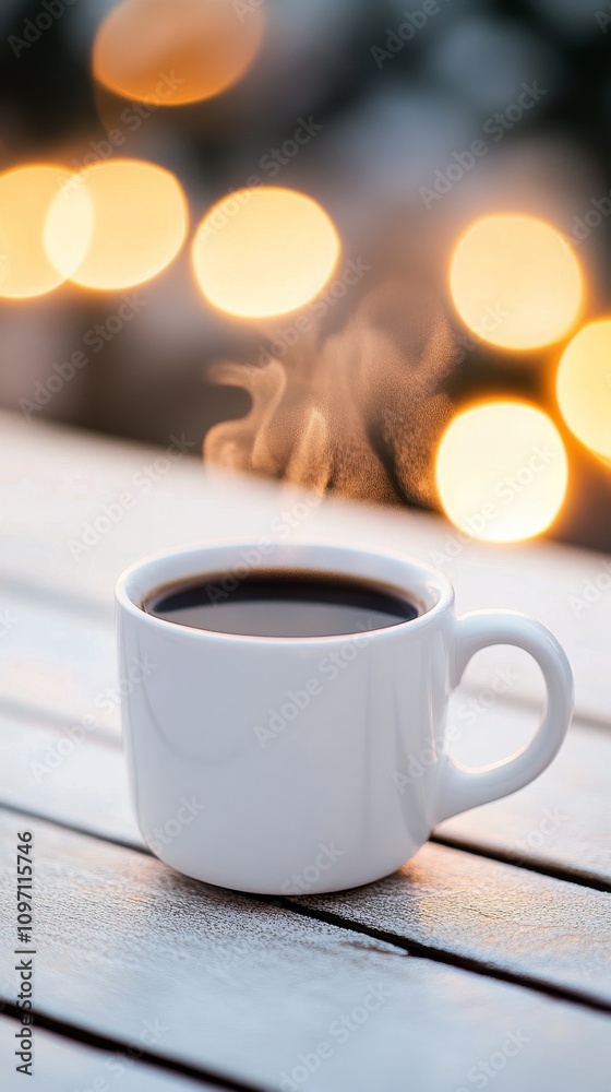 Warm coffee cup sits on table with soft glowing lights in the background during winter morning Warm coffee cup sits on table with soft glowing lights in the background during winter morning