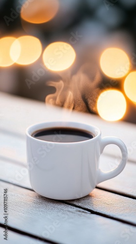 Wallpaper Mural Warm coffee cup sits on table with soft glowing lights in the background during winter morning Torontodigital.ca