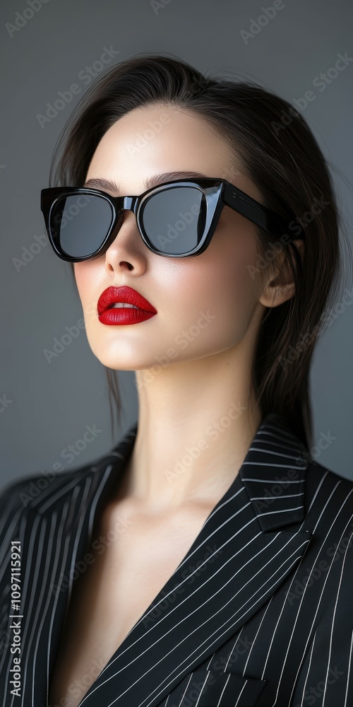 Model wears stylish sunglasses with bold red lips in fashion shoot Model wears stylish sunglasses with bold red lips in fashion shoot