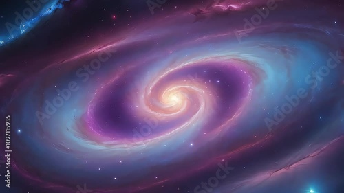 Stunning spiral galaxy with glowing core and vibrant nebulae in purple, blue, and pink hues, showcasing cosmic beauty. Perfect for space exploration, sci-fi art, or celestial designs.