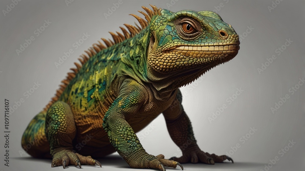 Obraz premium Green and gold iguana lizard sitting on grey background.